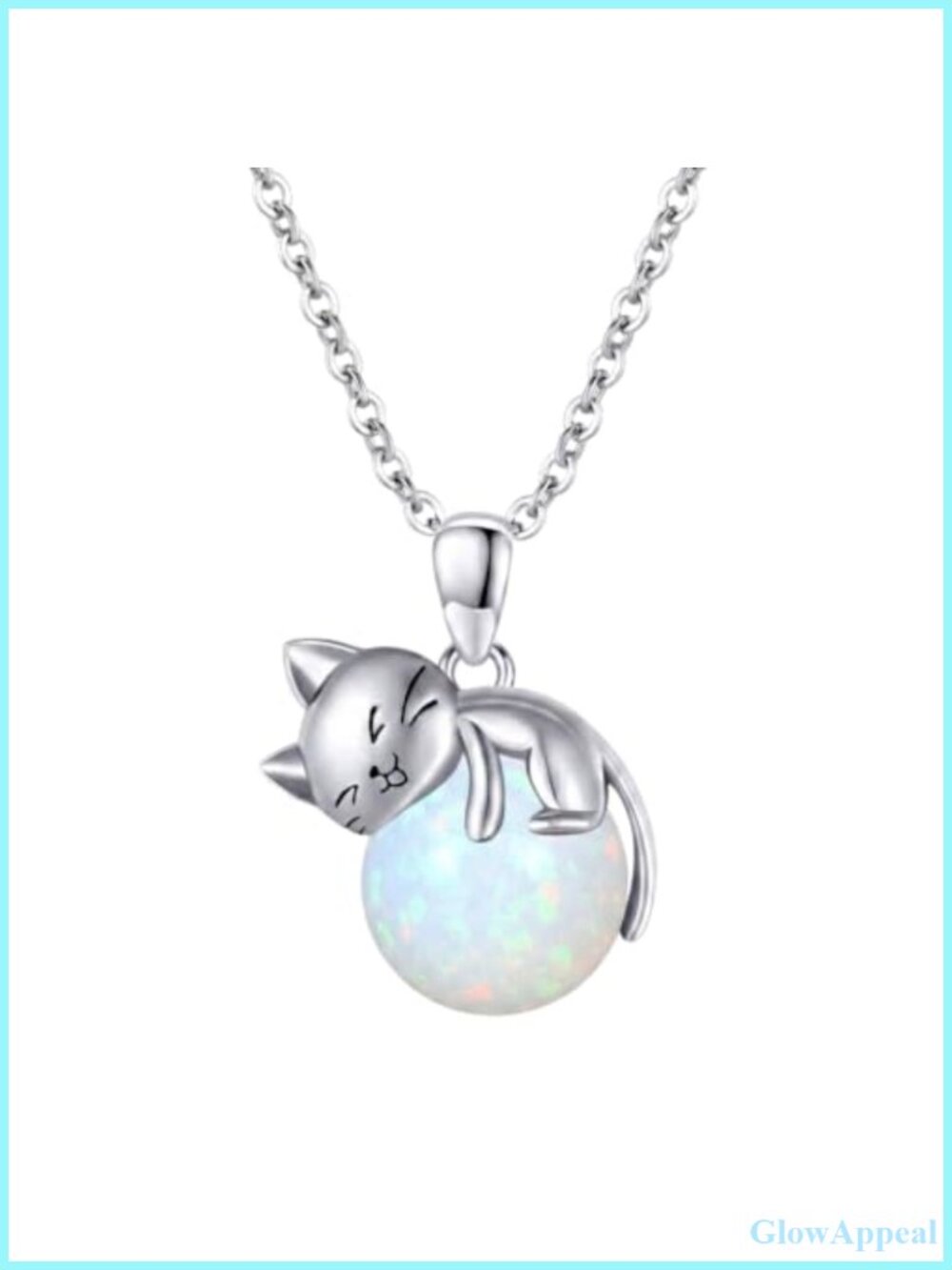 Cat Pendant Necklace 925 Sterling Silver Opal Birthstone 18in
